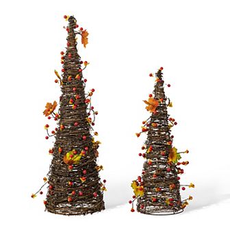 Glitzhome 24'' Fall Rattan Berries And Maple Leaves Table Tree Set Of 2