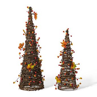Glitzhome 24'' Fall Rattan Berries And Maple Leaves Table Tree Set Of 2