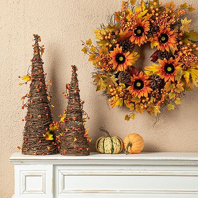 Glitzhome 24'' Fall Rattan Berries And Maple Leaves Table Tree Set Of 2