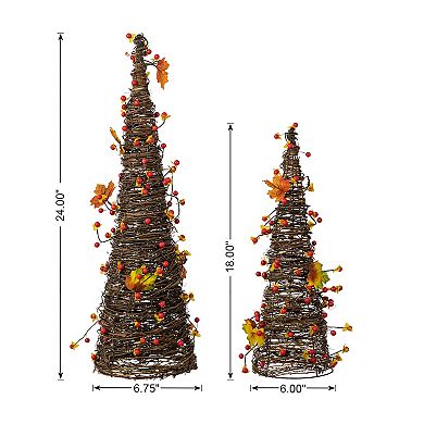Glitzhome 24'' Fall Rattan Berries And Maple Leaves Table Tree Set Of 2