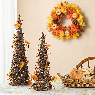 Glitzhome 24'' Fall Rattan Berries And Maple Leaves Table Tree Set Of 2