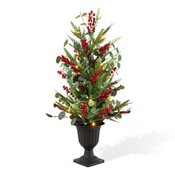 Glitzhome 3FT Christmas Lighted Berries Urn Porch Tree with Timer