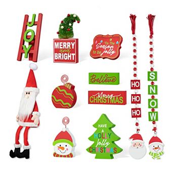 Glitzhome Christmas Wooden Word Signs And Fabric Santa Tiered Tray Set Table Décor