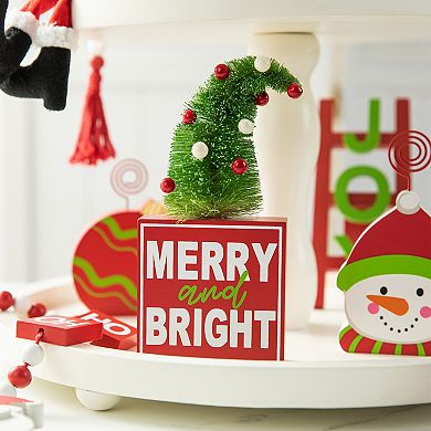 Glitzhome Christmas Wooden Word Signs And Fabric Santa Tiered Tray Set Table Décor