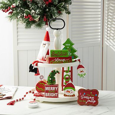 Glitzhome Christmas Wooden Word Signs And Fabric Santa Tiered Tray Set Table Décor