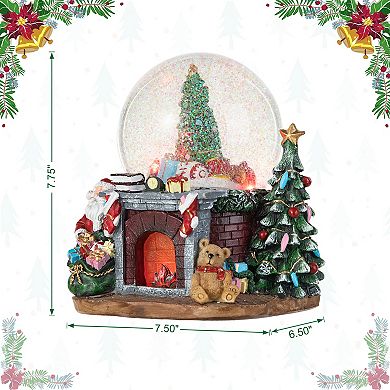 Glitzhome 120mm Lighted Musical Snow Globe - Christmas Tree on Fireplace Scene Water Globe