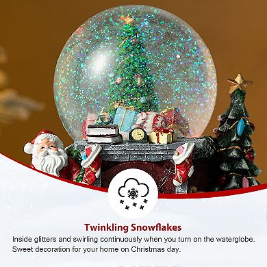 Glitzhome 120mm Lighted Musical Snow Globe - Christmas Tree on Fireplace Scene Water Globe