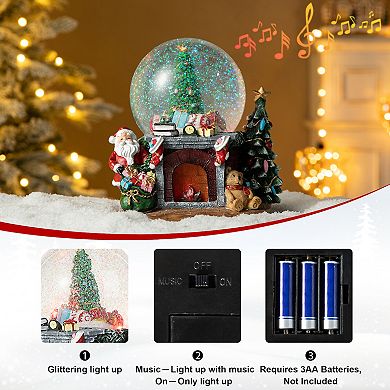 Glitzhome 120mm Lighted Musical Snow Globe - Christmas Tree on Fireplace Scene Water Globe