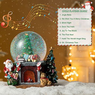 Glitzhome 120mm Lighted Musical Snow Globe - Christmas Tree on Fireplace Scene Water Globe