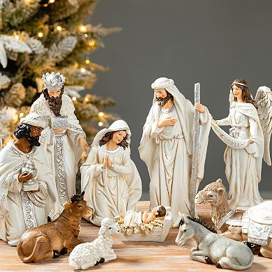 Glitzhome 12Pcs Resin Nativity Figurine Sets, Christmas Natvity Scene Sets for Tabletop Decor