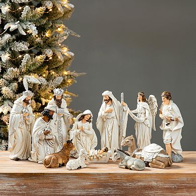 Glitzhome 12Pcs Resin Nativity Figurine Sets, Christmas Natvity Scene Sets for Tabletop Decor