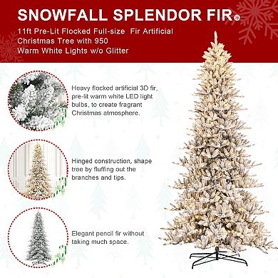 Glitzhome 11ft Pre-lit Flocked Fir Artificial Christmas Tree With 950 Warm White Lights W/o Glitter