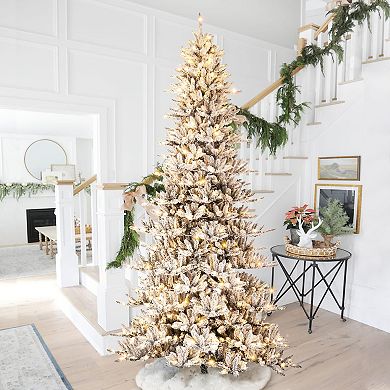 Glitzhome 11ft Pre-lit Flocked Fir Artificial Christmas Tree With 950 Warm White Lights W/o Glitter