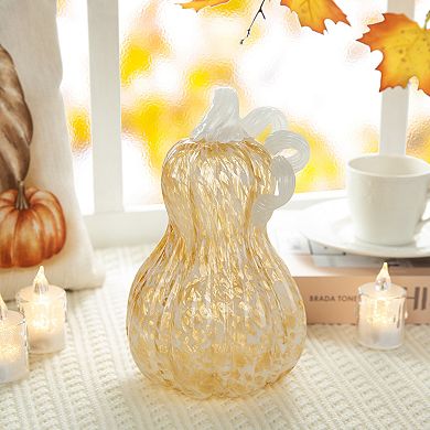 Glitzhome 8.5" Hand Blown Glass Pumpkin Table Accent For Fall & Harvest Thanksgiving Decorative