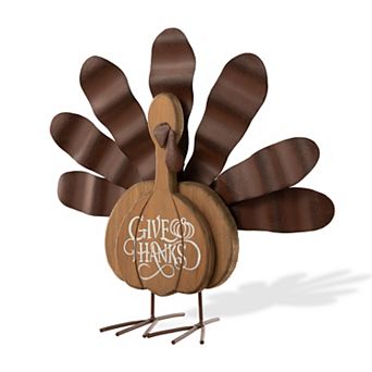 Glitzhome 12" H Thanksgiving Turkey Tabletop Decor, Wood Metal Turkey Figurine Table Decoration