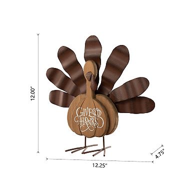 Glitzhome 12" H Thanksgiving Turkey Tabletop Decor, Wood Metal Turkey Figurine Table Decoration