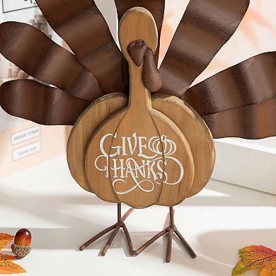 Glitzhome 12" H Thanksgiving Turkey Tabletop Decor, Wood Metal Turkey Figurine Table Decoration
