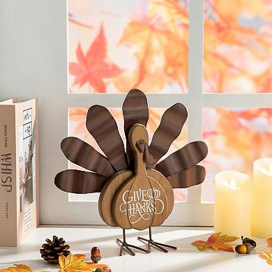 Glitzhome 12" H Thanksgiving Turkey Tabletop Decor, Wood Metal Turkey Figurine Table Decoration
