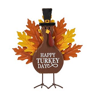 Glitzhome 12”H Thanksgiving Turkey Figurine Decor, Wooden Metal Turkey Table Decoration