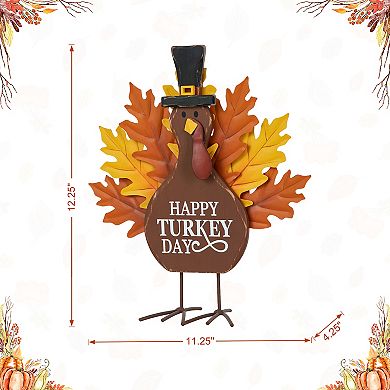 Glitzhome 12”H Thanksgiving Turkey Figurine Decor, Wooden Metal Turkey Table Decoration