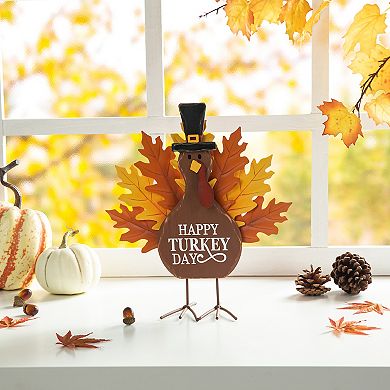 Glitzhome 12”H Thanksgiving Turkey Figurine Decor, Wooden Metal Turkey Table Decoration