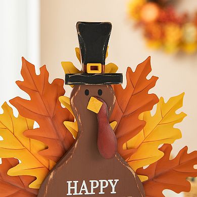 Glitzhome 12”H Thanksgiving Turkey Figurine Decor, Wooden Metal Turkey Table Decoration