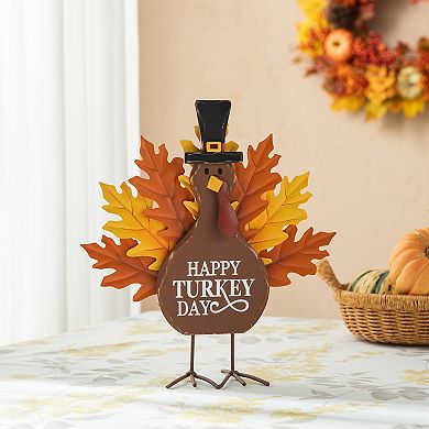 Glitzhome 12”H Thanksgiving Turkey Figurine Decor, Wooden Metal Turkey Table Decoration