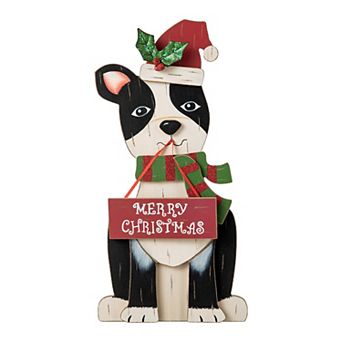 Glitzhome Christmas Boston Terrier Table Decoration, 16 in Wooden Dog Tabletop Ornament
