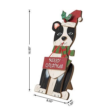 Glitzhome Christmas Boston Terrier Table Decoration, 16 Inches Wooden Dog Tabletop Ornament