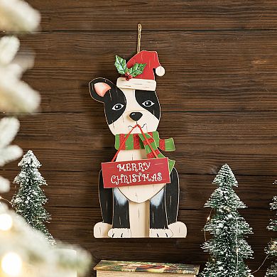Glitzhome Christmas Boston Terrier Table Decoration, 16 Inches Wooden Dog Tabletop Ornament