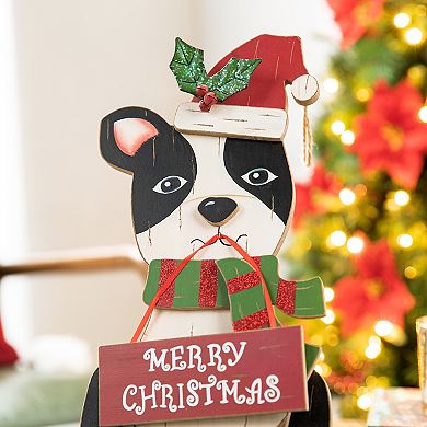 Glitzhome Christmas Boston Terrier Table Decoration, 16 Inches Wooden Dog Tabletop Ornament