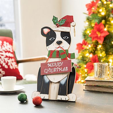 Glitzhome Christmas Boston Terrier Table Decoration, 16 Inches Wooden Dog Tabletop Ornament