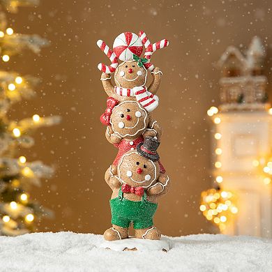 Glitzhome 12.5"h Stacked Gingerbread Table Decor, Christmas Resin Tabletop Decoration