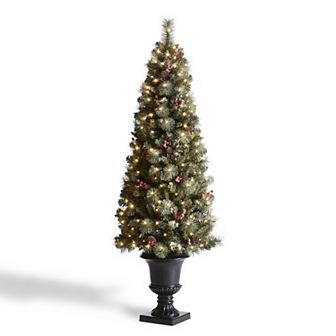Glitzhome 6ft Pre-lit Frosted Pine Cones And Red Berries Christmas Porch Tree With 200 Leds