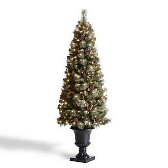 Glitzhome 6ft Pre-lit Frosted Pine Cones And Red Berries Christmas Porch Tree With 200 Leds
