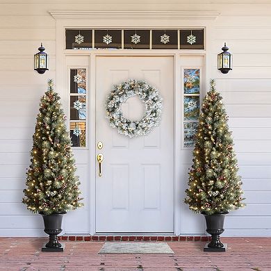 Glitzhome 6ft Pre-lit Frosted Pine Cones And Red Berries Christmas Porch Tree With 200 Leds