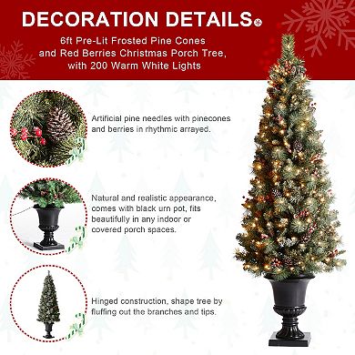 Glitzhome 6ft Pre-lit Frosted Pine Cones And Red Berries Christmas Porch Tree With 200 Leds