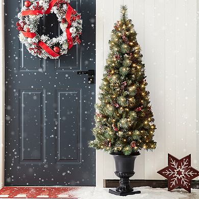 Glitzhome 6ft Pre-lit Frosted Pine Cones And Red Berries Christmas Porch Tree With 200 Leds