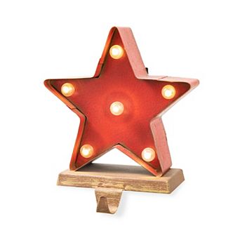 Glitzhome 7.48" H Star Christmas Stocking Holder, Painted Wooden LED Joy Stocking Hanger