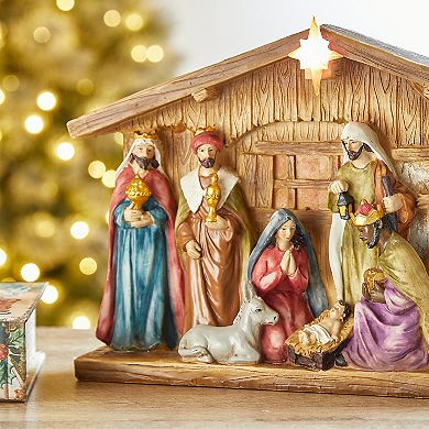 Glitzhome Nativity Sets Christmas Indoor Decor, Lighted Resin Nativity Scene Set for Table Decor