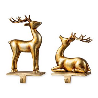 Glitzhome Christmas Stocking Holder, Set of 2 Gold Resin Standing & Sitting Reindeer Hanger Hooks