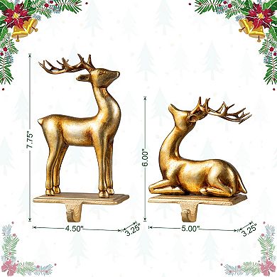 Glitzhome Christmas Stocking Holder, Set of 2 Gold Resin Standing & Sitting Reindeer Hanger Hooks
