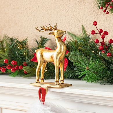 Glitzhome Christmas Stocking Holder, Set of 2 Gold Resin Standing & Sitting Reindeer Hanger Hooks