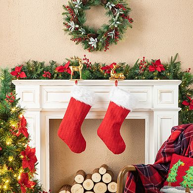 Glitzhome Christmas Stocking Holder, Set of 2 Gold Resin Standing & Sitting Reindeer Hanger Hooks