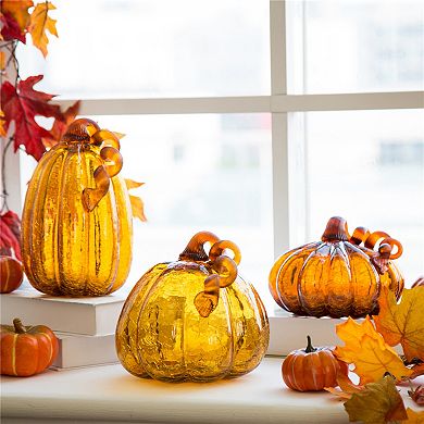 Glitzhome Hand Blown Glass Pumpkin For Fall Harvest Thanksgiving Halloween Decor, 6.75''d