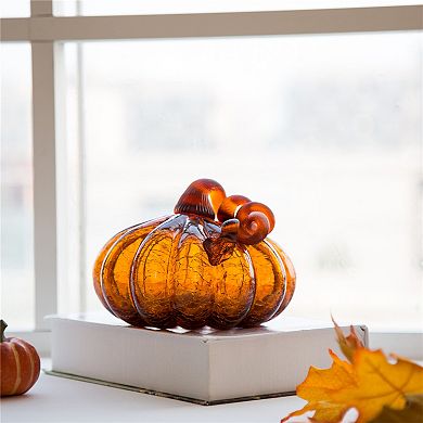 Glitzhome Hand Blown Glass Pumpkin For Fall Harvest Thanksgiving Halloween Decor, 6.75''d