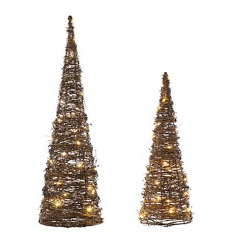 Glitzhome Set of 2 Lighted Rattan Christmas Table Tree Decor with Timer