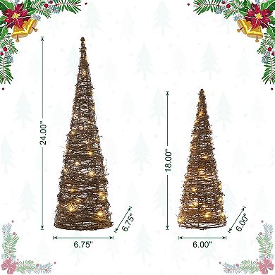 Glitzhome Set of 2 Lighted Rattan Christmas Table Tree Decor with Timer