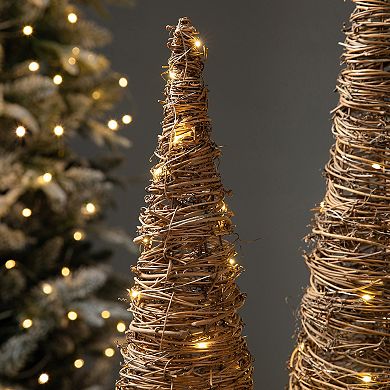 Glitzhome Set of 2 Lighted Rattan Christmas Table Tree Decor with Timer