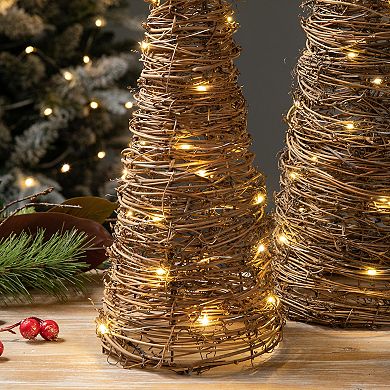 Glitzhome Set of 2 Lighted Rattan Christmas Table Tree Decor with Timer
